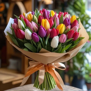 букет 33 разноцветных тюльпана